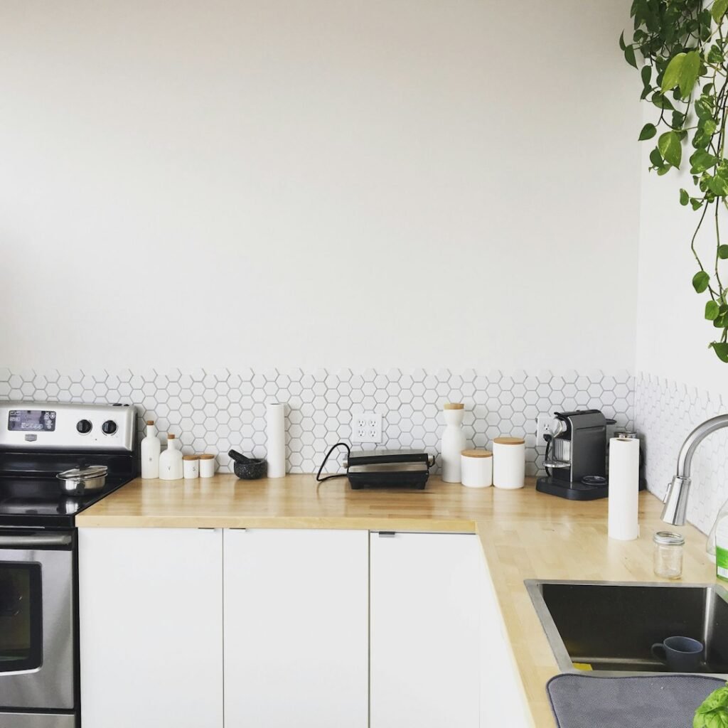 Freshly painted white kitchen cabinets